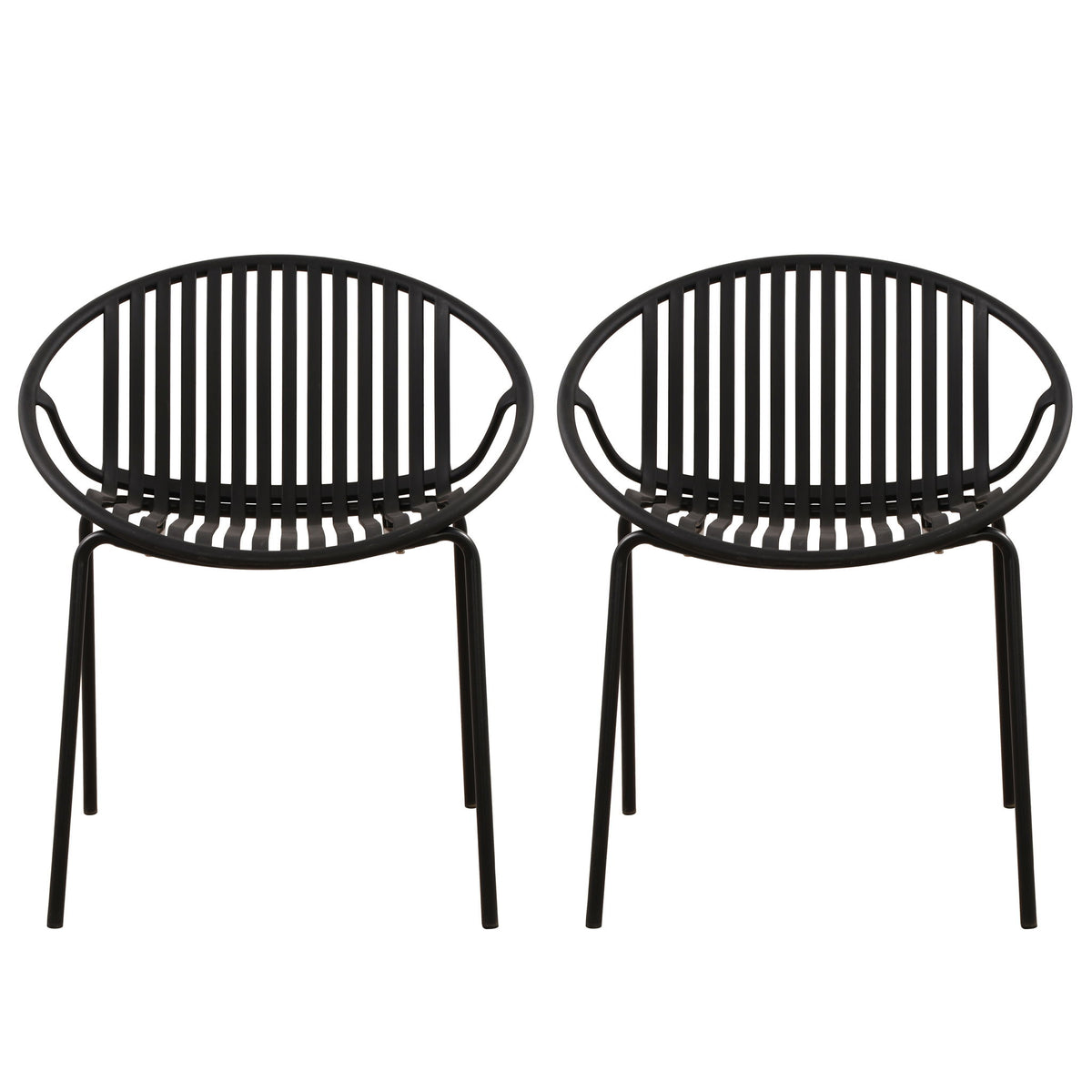 Black stackable outdoor chair set with slatted breathable back and armrests, 4 legs (2-pack)