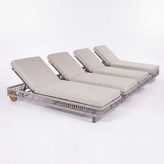 Set of four gray outdoor chaise lounges with 5-position adjustable backrests and wheels
