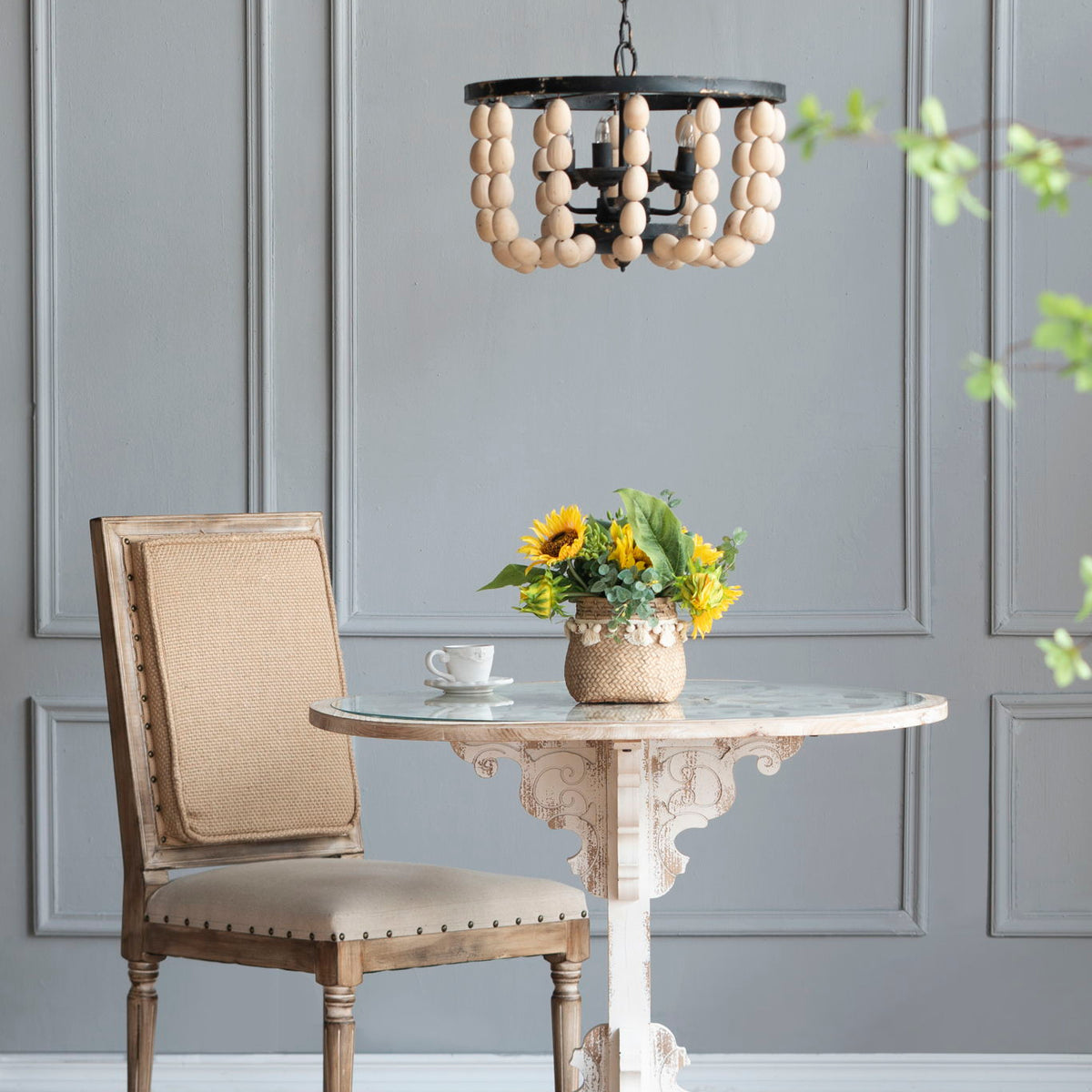4 Light Wood Chandelier, Hanging Light Fixture With Adjustable Chain For Kitchen, Bulb Not Included - Cream