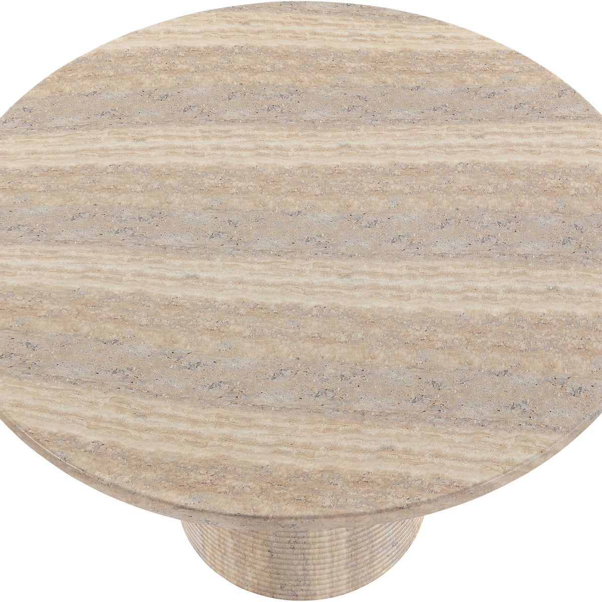 Round travertine-style tabletop with subtle veining and ribbed pedestal base