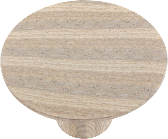 Round travertine-style tabletop with subtle veining and ribbed pedestal base