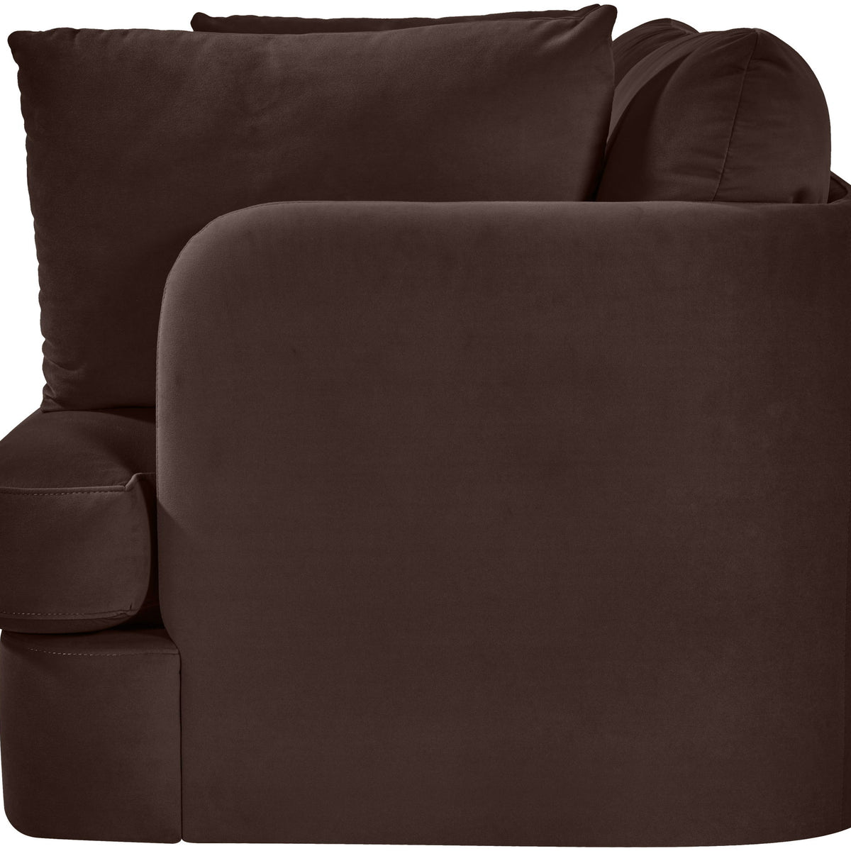 Dark brown velvet upholstered loveseat with rounded arms and two back cushions