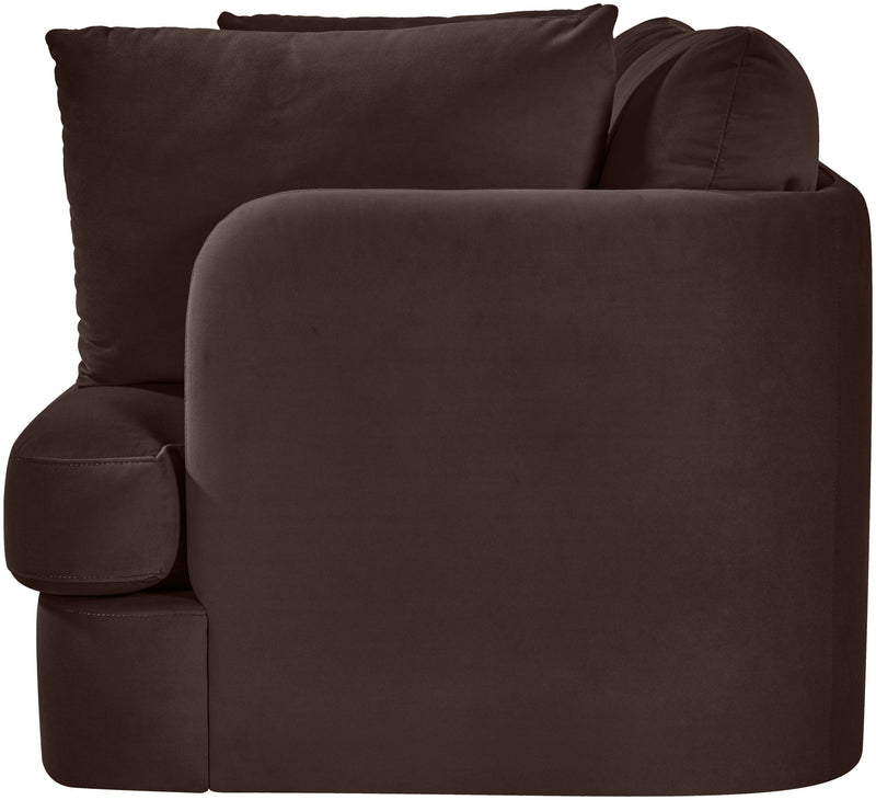 Dark brown velvet upholstered loveseat with rounded arms and two back cushions