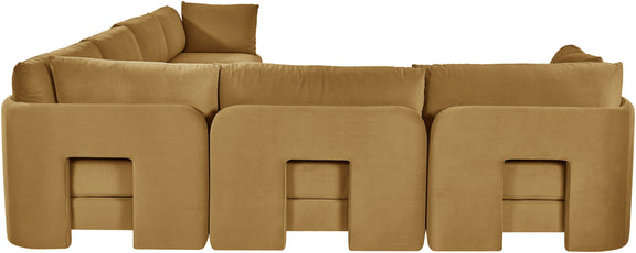 Tan velvet corner sectional sofa with three front seat sections and cushioned arms