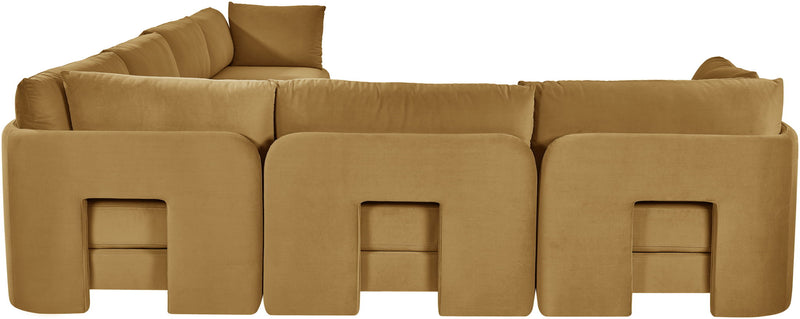Tan velvet corner sectional sofa with three front seat sections and cushioned arms