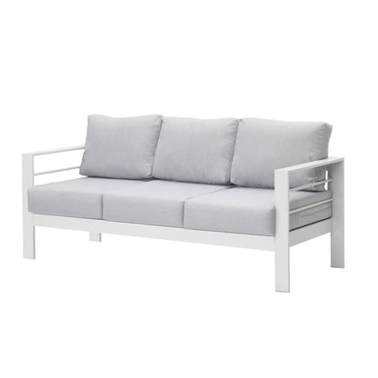 White 3-seat outdoor patio sofa with three back cushions and gray seat cushions