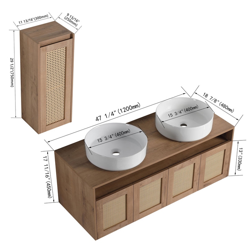 Floating bathroom vanity with rattan cabinet doors, double white vessel sinks, and side cabinet