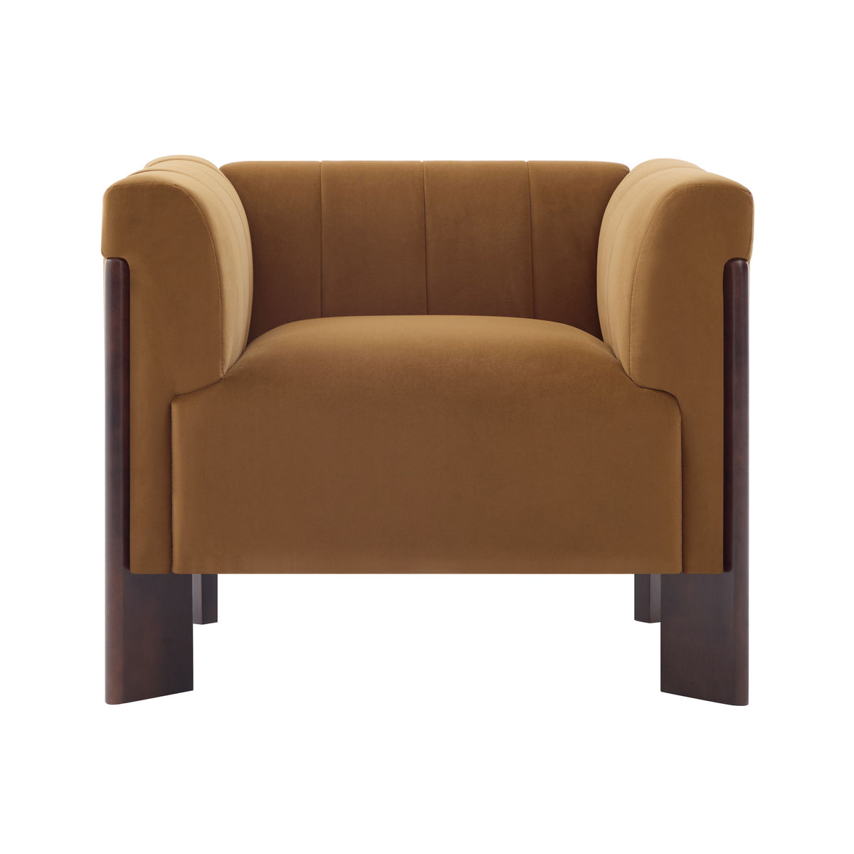 Tan accent chair with tight back, rounded arms, and dark wooden legs