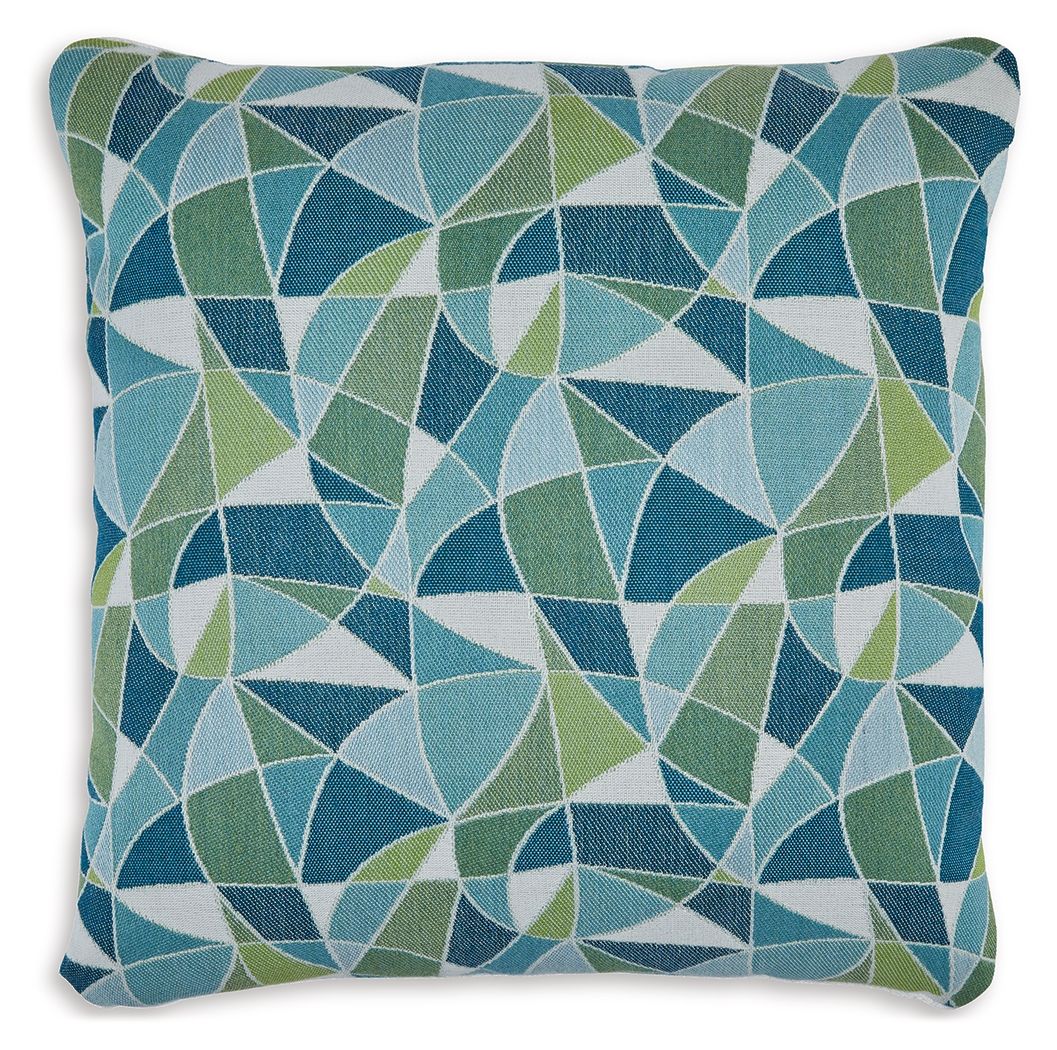 Square throw pillow with teal, green, and white geometric triangle pattern