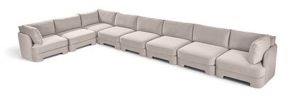 Velvet L-shaped sectional sofa in light gray, 8-piece modular seating with armrests