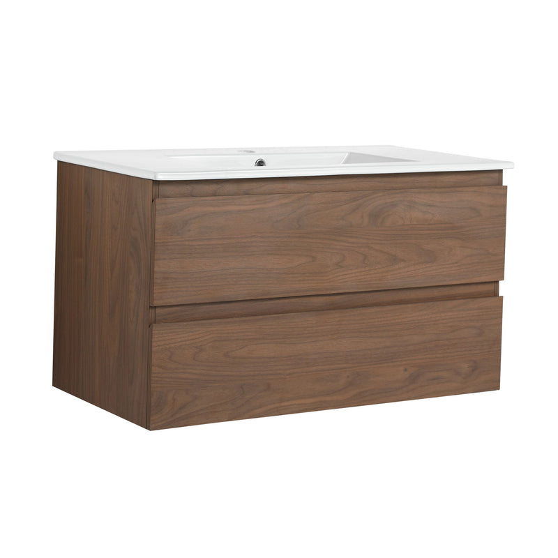 Wall-mounted bathroom vanity with white countertop sink and two dark brown drawers