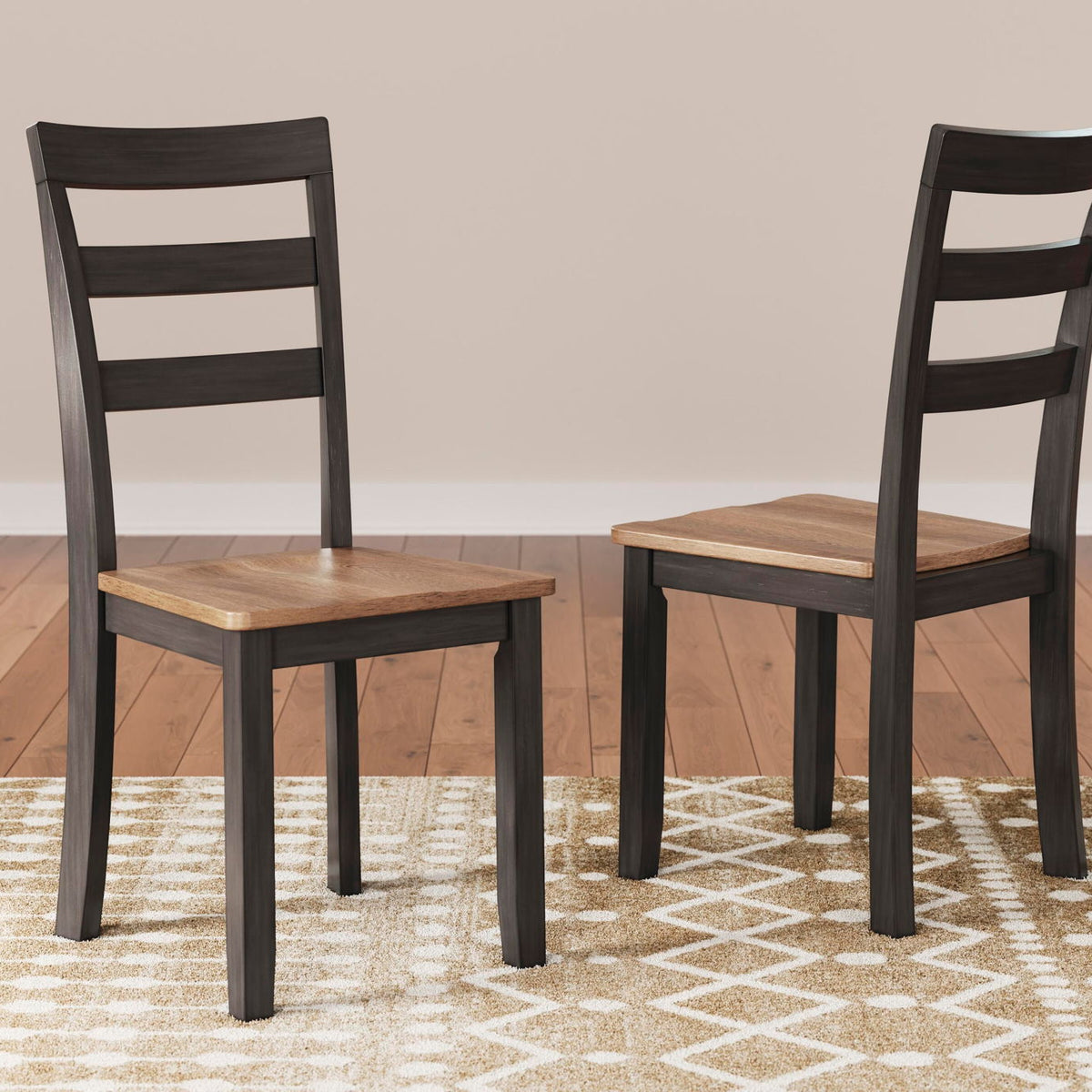 Set of 2 dining side chairs, dark brown frames, slatted backs and light wood seats