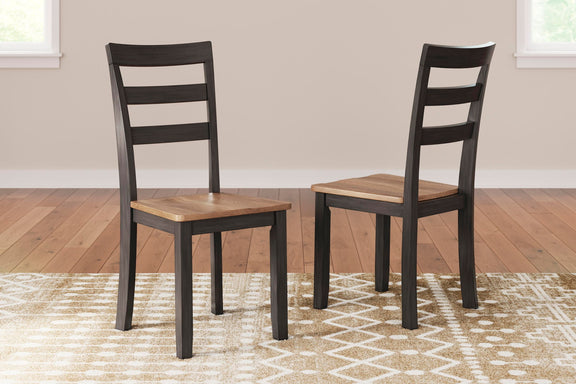 Set of 2 dining side chairs, dark brown frames, slatted backs and light wood seats