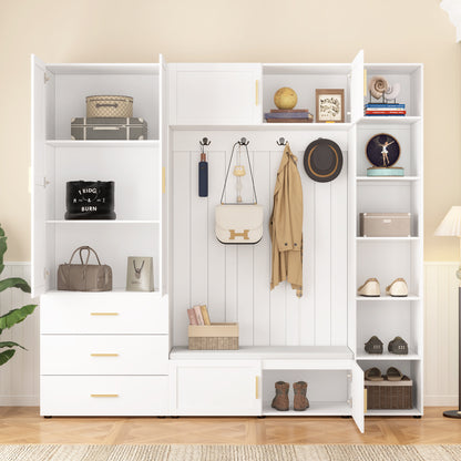 Hall Tree with Bench Adjustable Shelves White
