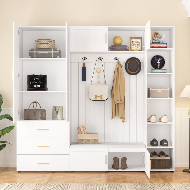 Hall Tree with Bench Adjustable Shelves White