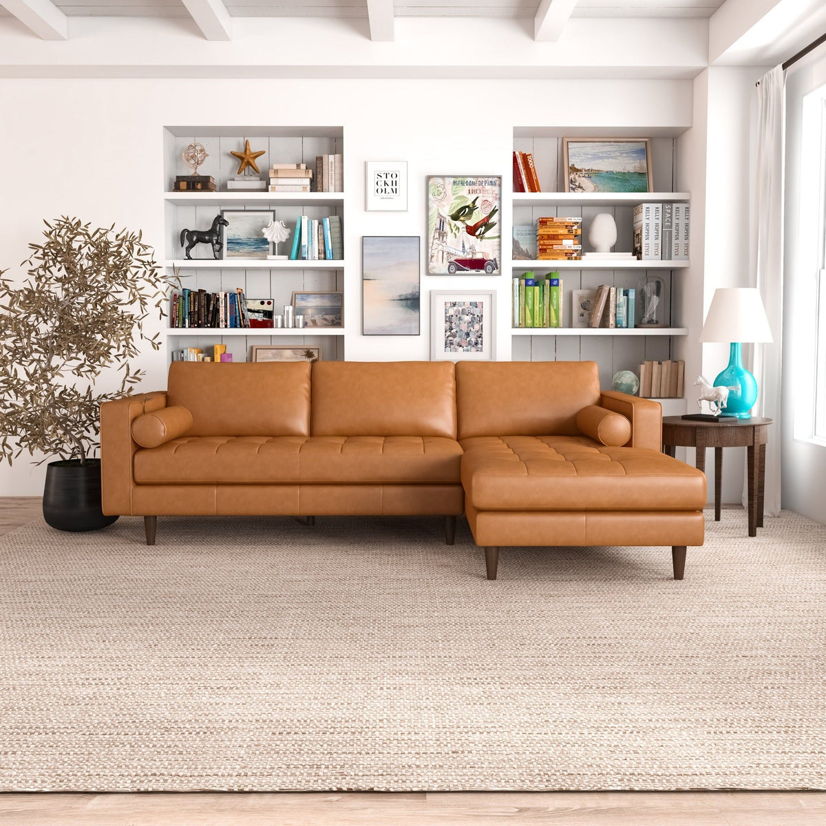 Orange corner sectional sofa with right chaise, tufted seat cushions and rounded armrests.