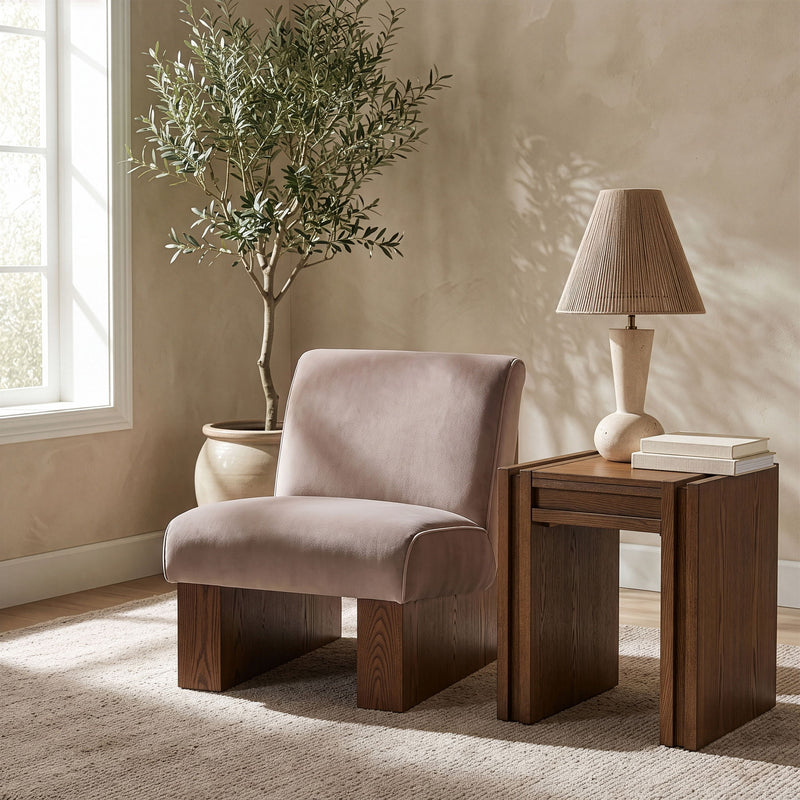 Vantage velvet performance accent chair, light taupe fabric with dark wood legs and arms