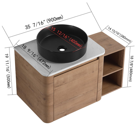 Wall-mounted bathroom vanity with black art sink, right open shelf, wood finish
