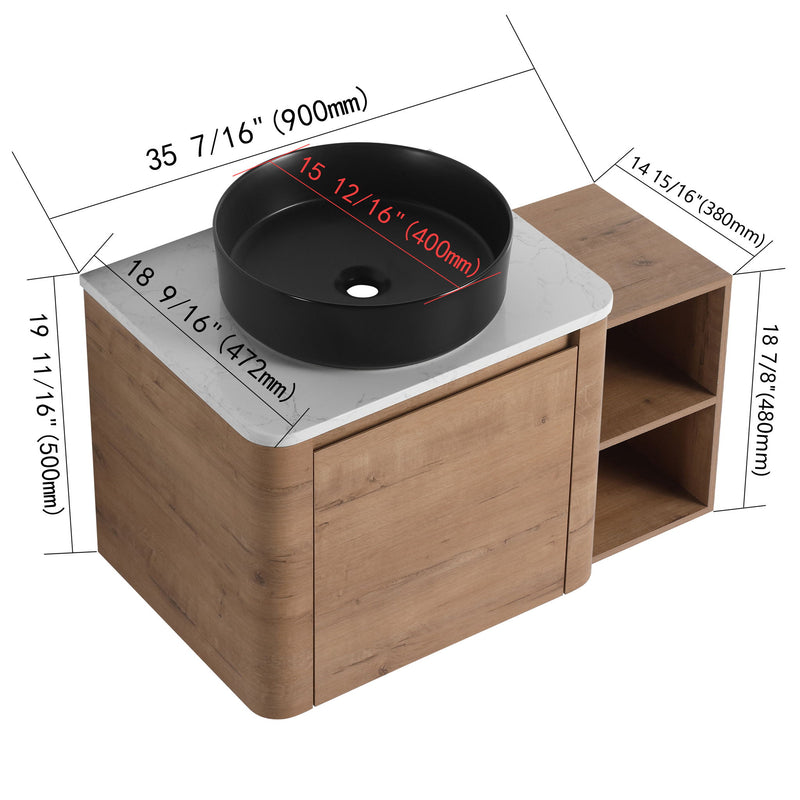 Wall-mounted bathroom vanity with black art sink, right open shelf, wood finish