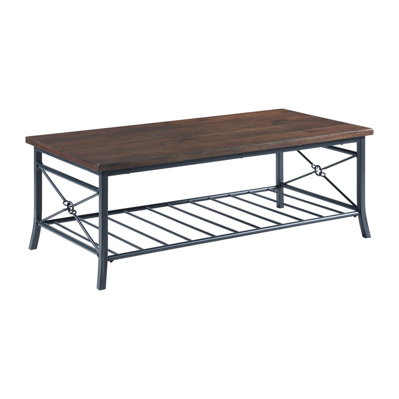 Brown wood rectangular table with dark metal frame and lower slatted shelf