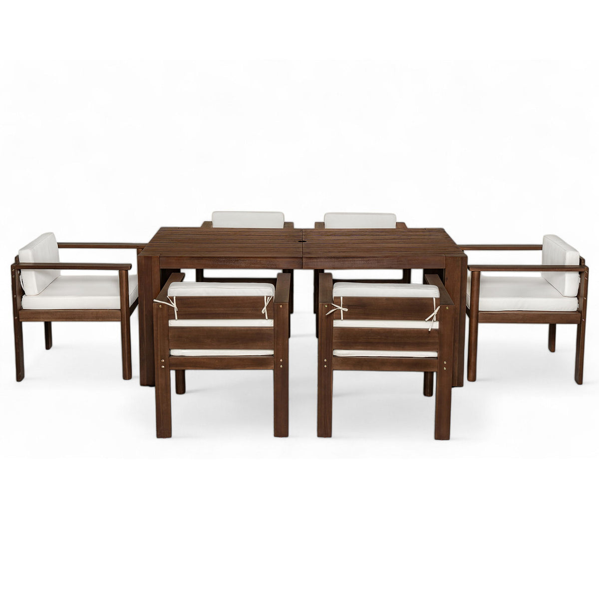 Dark brown rustic dining table with six chairs and removable seat cushions