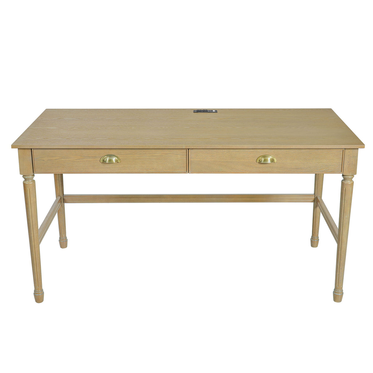 Light brown writing desk with two drawers and brass-tone round pulls