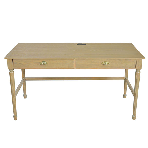 Light brown writing desk with two drawers and brass-tone round pulls