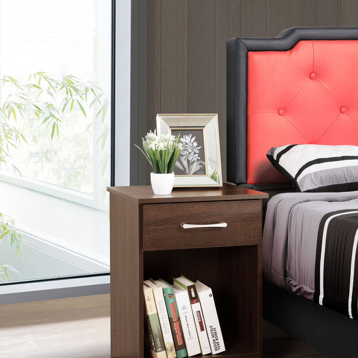 Dark brown wood nightstand with drawer and silver bar pull, open shelf below