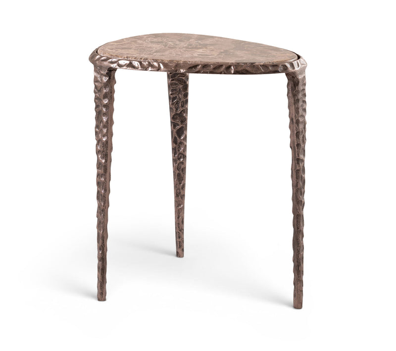 Round marble-top table with dark metal pedestal legs and textured aluminum base
