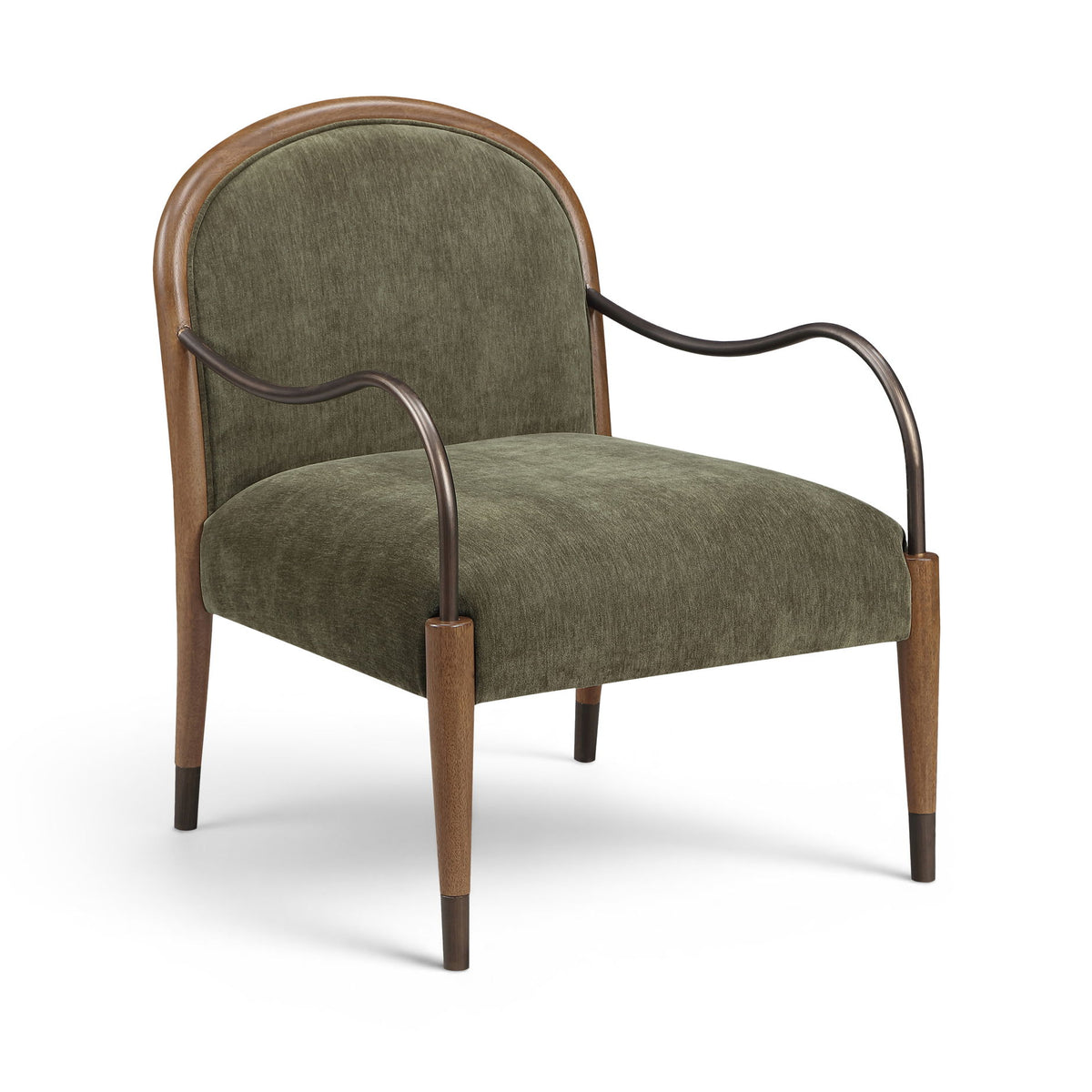 Green fabric-upholstered accent chair with curved metal arms and wooden legs