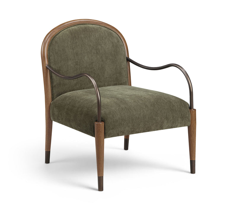 Green fabric-upholstered accent chair with curved metal arms and wooden legs
