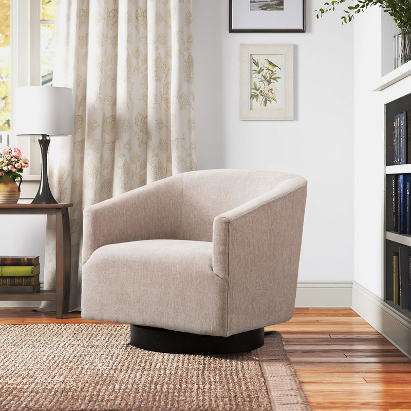Beige fabric swivel accent chair with rounded arms and black circular base