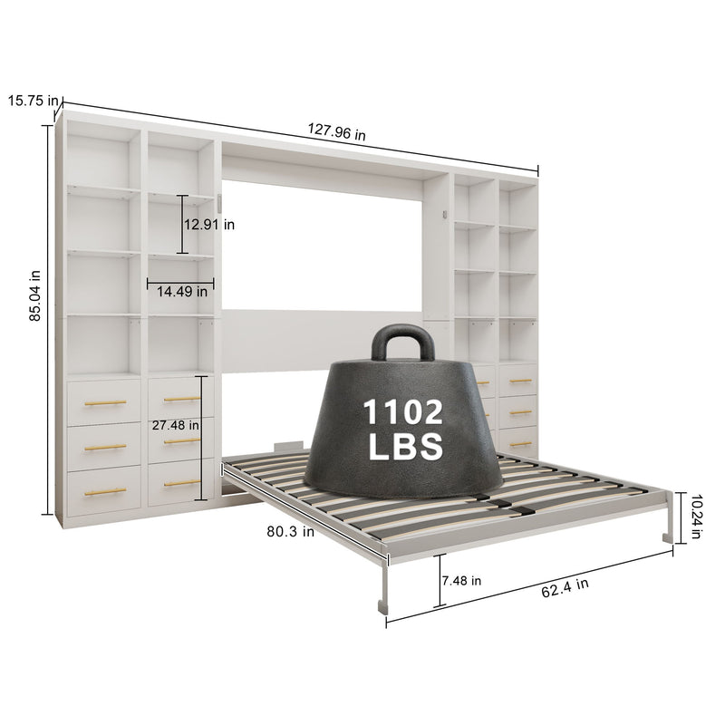 Vertical Murphy wall bed dimensions diagram with labeled weight and folded bed platform, white.