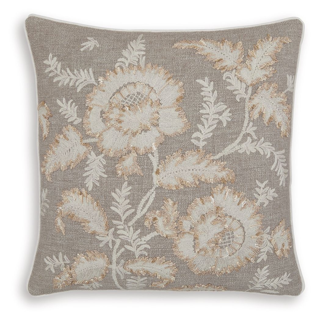 Gray decorative throw pillow with beige-gold embroidered floral and leaf medallion design