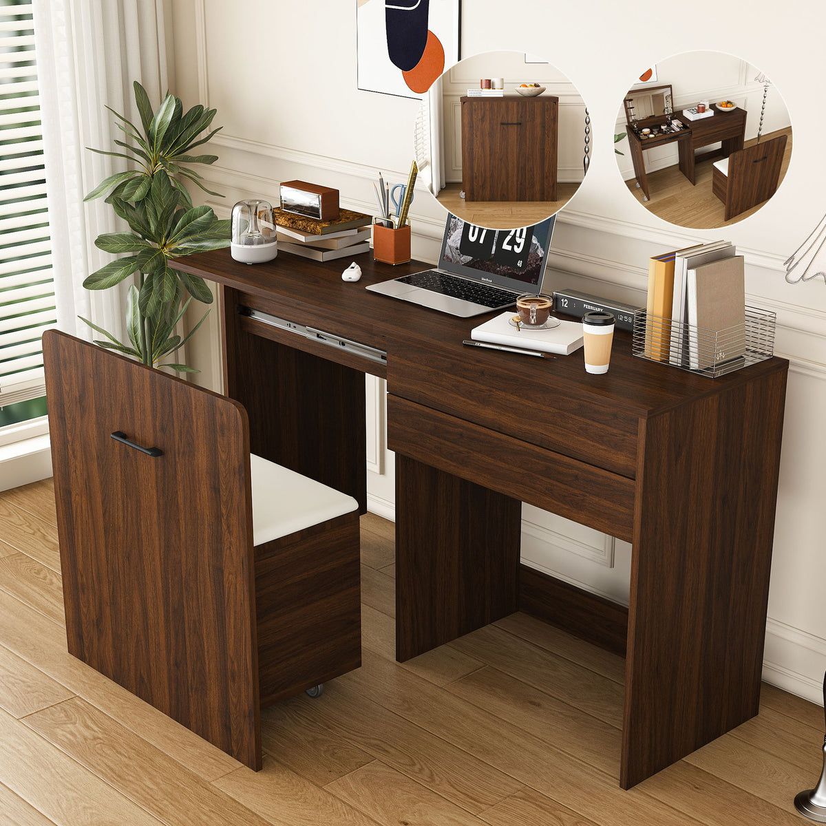 Folding Desk With Mirror And Storage Stol For Bedroom