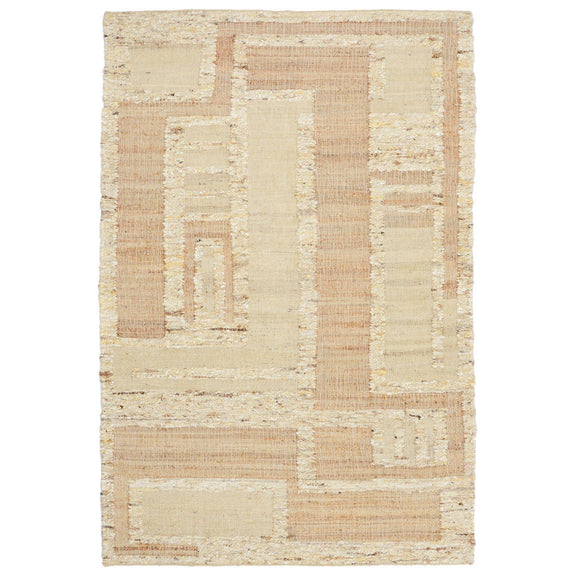 Beige geometric rug with vertical and horizontal block pattern, textured flatwoven weave.