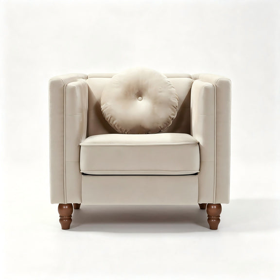 Cream tufted square-arm accent side chair with cushioned seat and back