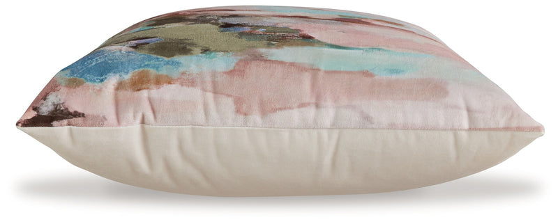 Pastel abstract decorative pillow side view with light cream backing
