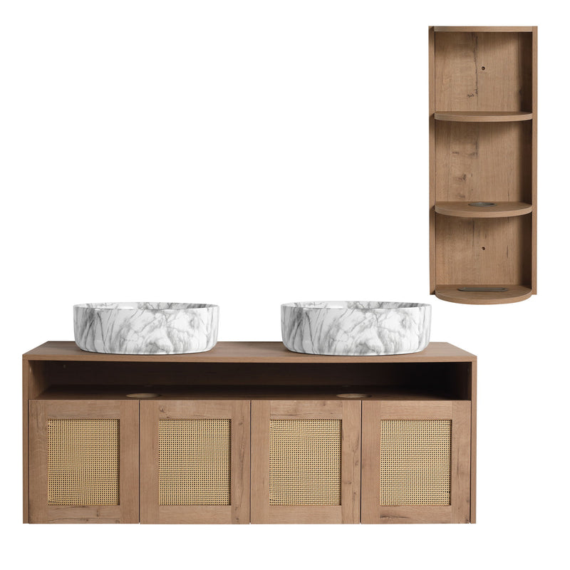 Bathroom vanity with two white vessel sinks, four rattan cabinet doors, and tall wall shelf.