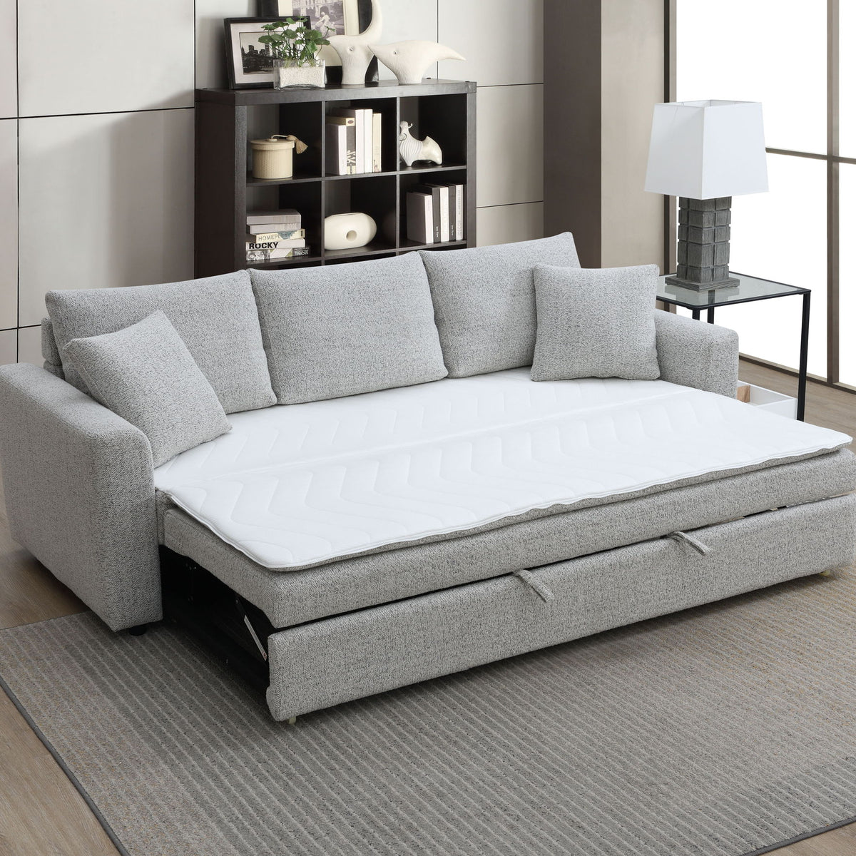 Connie - Boucle Sleeper Sectional Sofa With 2 Toss Pillows - Beige