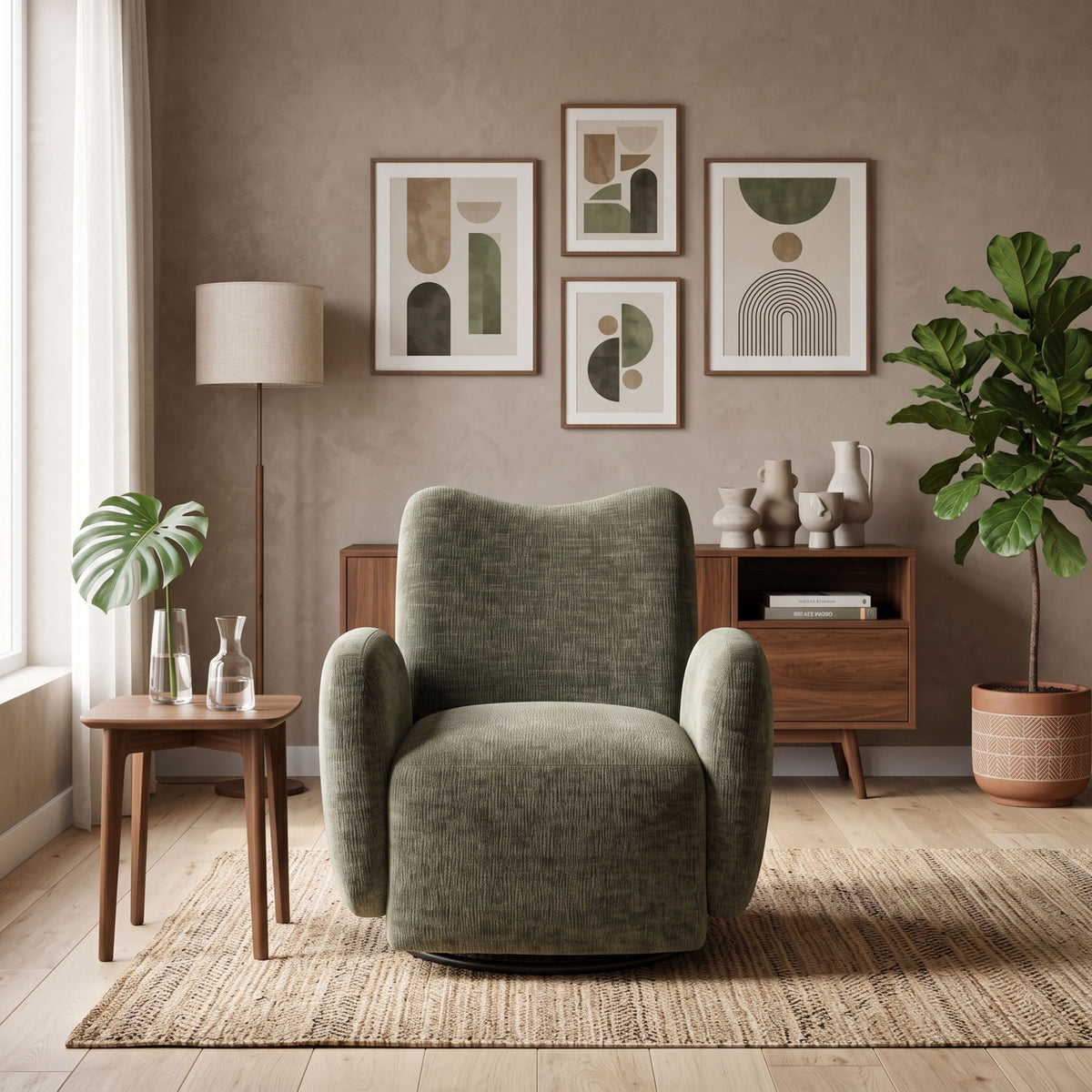 Olive green upholstered swivel accent chair with thick seat and back