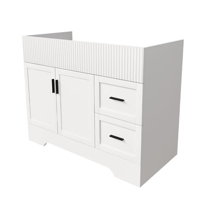White bathroom vanity with ribbed top, 2 doors and 2 drawers, black bar pulls
