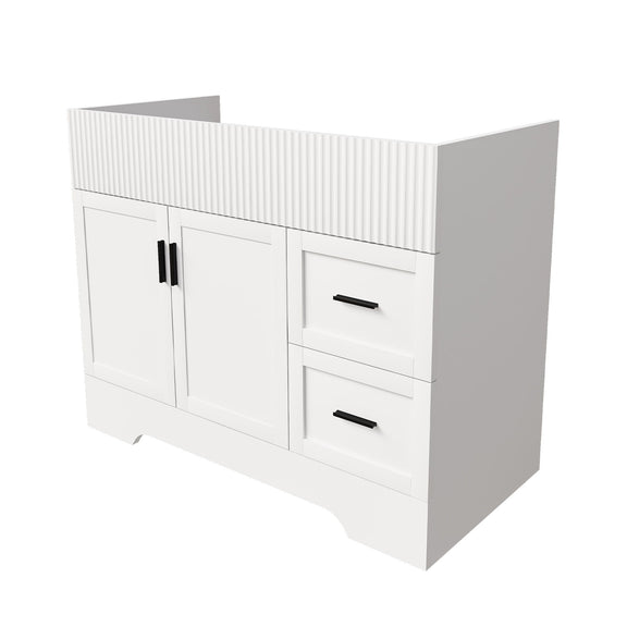 White bathroom vanity with ribbed top, 2 doors and 2 drawers, black bar pulls