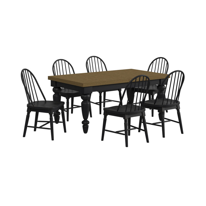 Standard-height dining table with 4 spindle-back chairs, dark finish