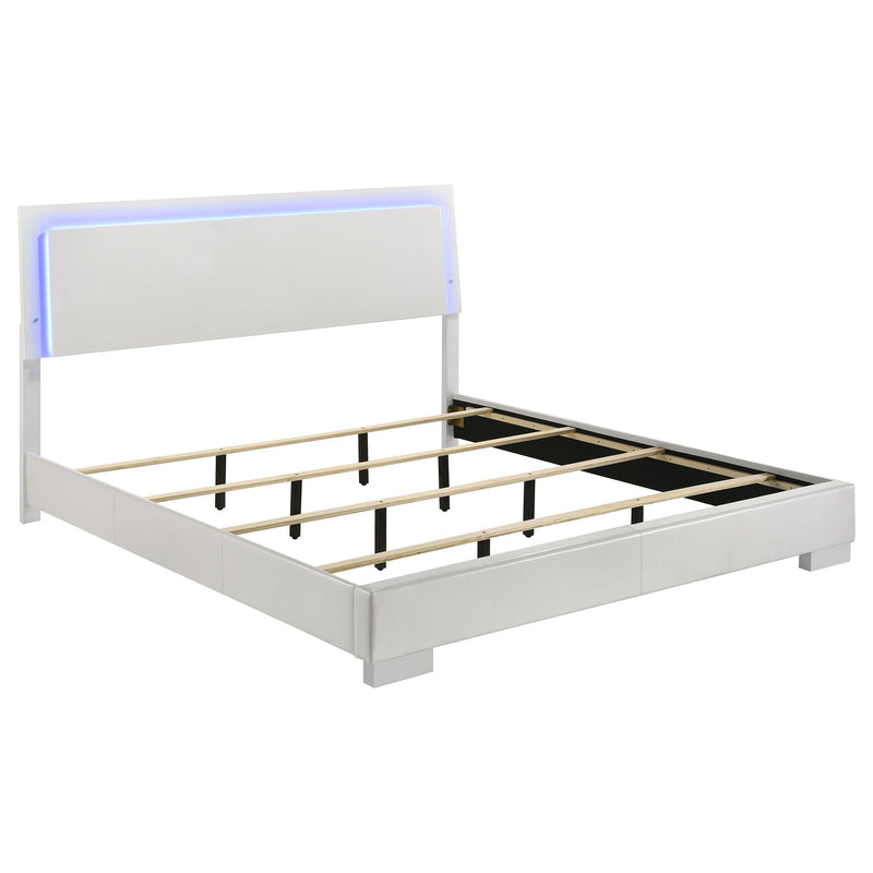 White high-gloss panel bed frame with blue LED light headboard and slatted base