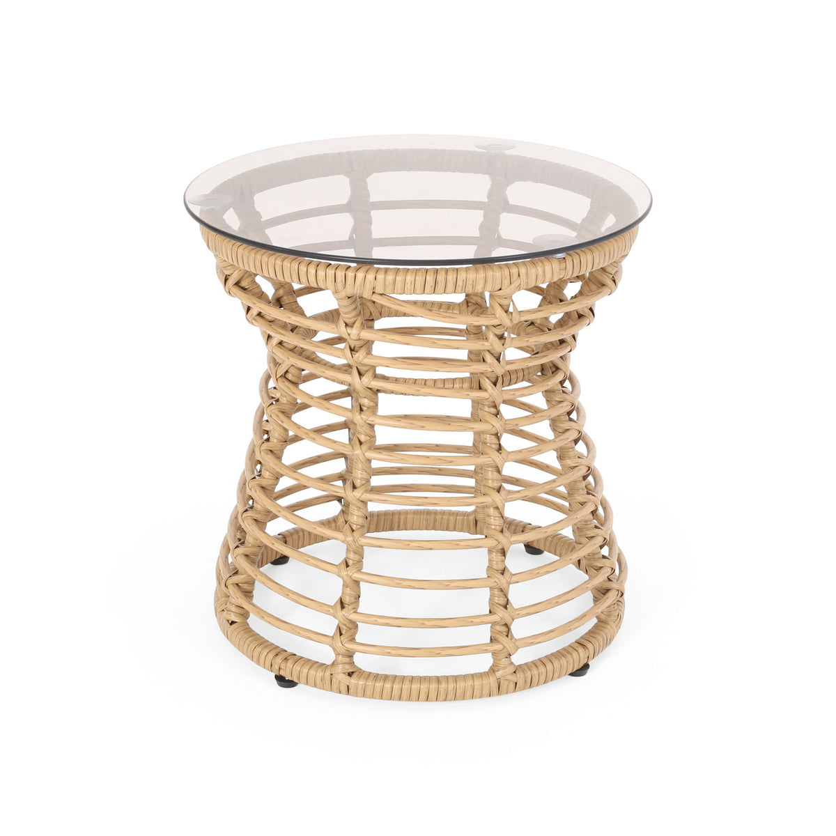 San Pedro - Boho Style Side Table With Tempered Glass Top - Light Brown Rattan