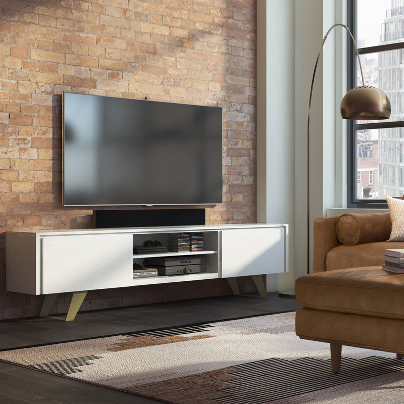 White TV media stand with open center compartment and angled mid-century style legs