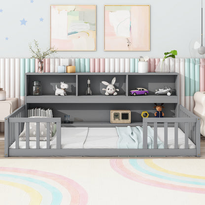 Twin Floor Bed with Bedside Bookcase, Shelves, Guardrails, Grey