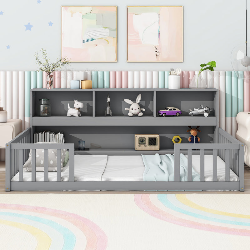Twin Floor Bed with Bedside Bookcase, Shelves, Guardrails, Grey