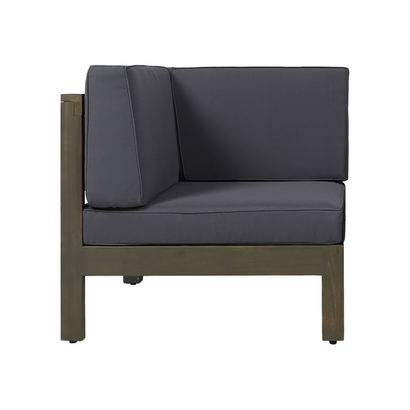 Dark gray outdoor loveseat with thick seat cushion and dark wooden frame